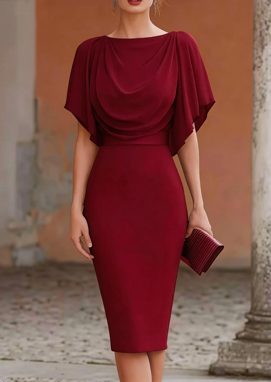 Women's Short Sleeve Midi Dress Cowl Neck Draped Cape Top Bodycon Skirt Elegant Party Evening Cocktail Wear