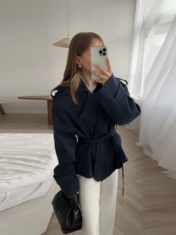 Women Oversized Short Trench Coat Belted Lapel Epaulet Cropped Mid Waist Casual Windbreaker Elegant Commute Autumn Outerwear