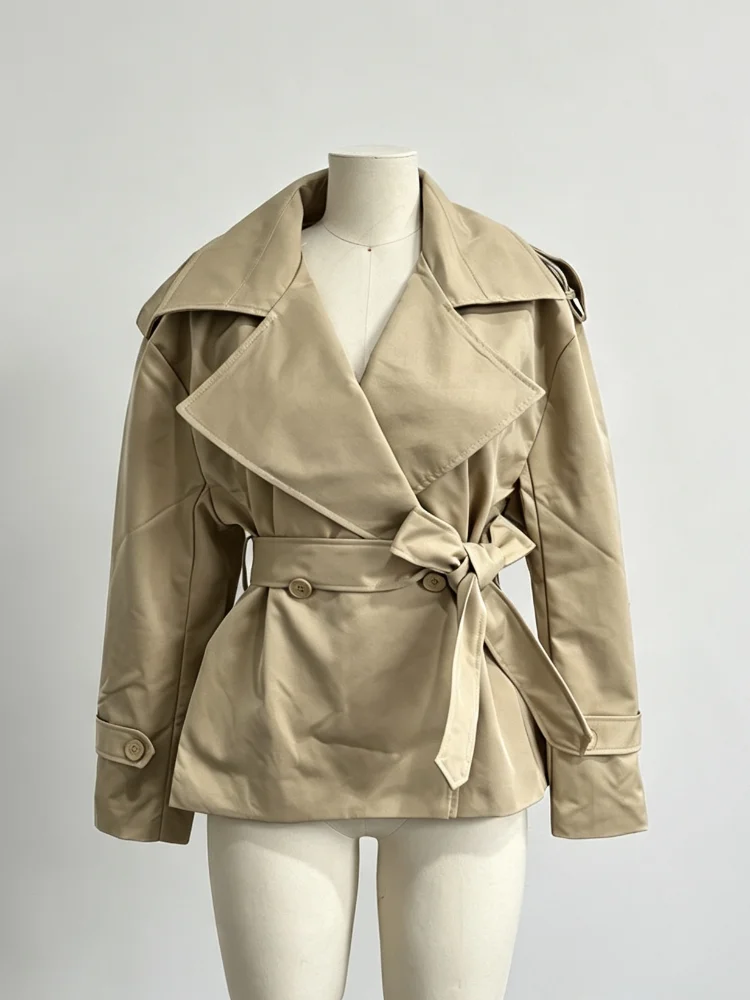 Women Oversized Short Trench Coat Belted Lapel Epaulet Cropped Mid Waist Casual Windbreaker Elegant Commute Autumn Outerwear