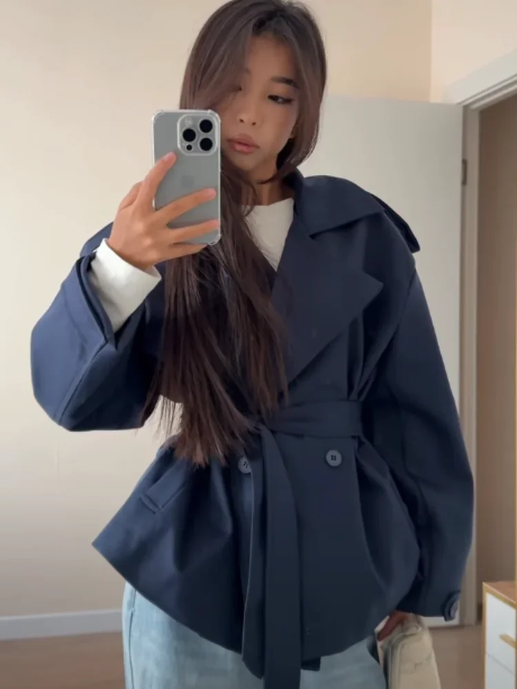 Women Oversized Short Trench Coat Belted Lapel Epaulet Cropped Mid Waist Casual Windbreaker Elegant Commute Autumn Outerwear