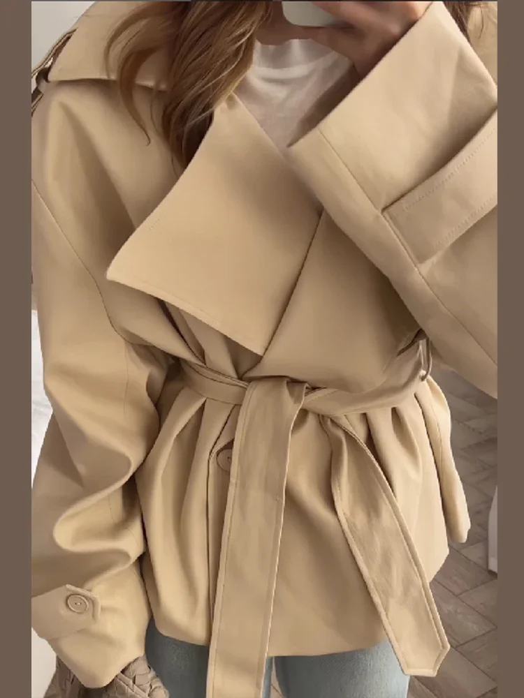 Women Oversized Short Trench Coat Belted Lapel Epaulet Cropped Mid Waist Casual Windbreaker Elegant Commute Autumn Outerwear