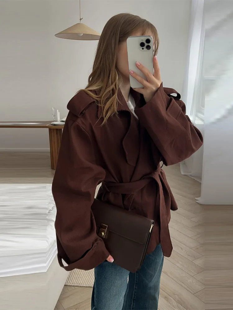 Women Oversized Short Trench Coat Belted Lapel Epaulet Cropped Mid Waist Casual Windbreaker Elegant Commute Autumn Outerwear