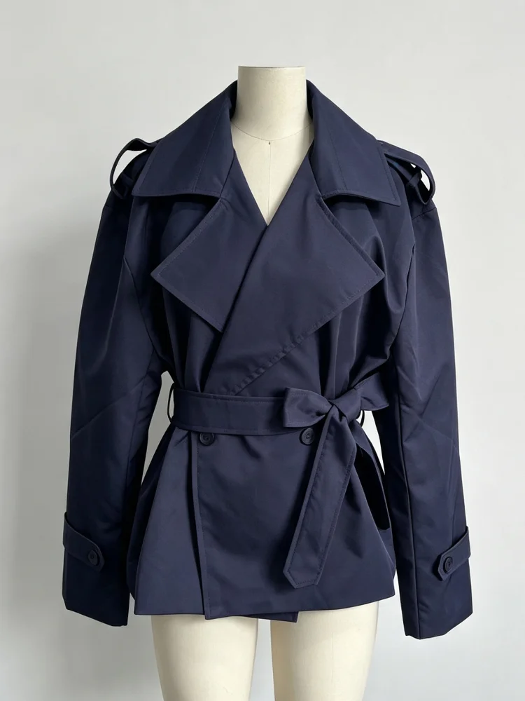 Women Oversized Short Trench Coat Belted Lapel Epaulet Cropped Mid Waist Casual Windbreaker Elegant Commute Autumn Outerwear