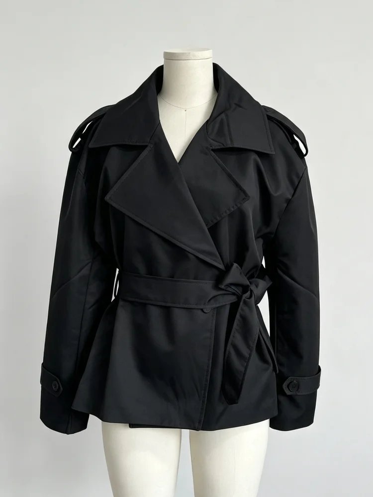 Women Oversized Short Trench Coat Belted Lapel Epaulet Cropped Mid Waist Casual Windbreaker Elegant Commute Autumn Outerwear