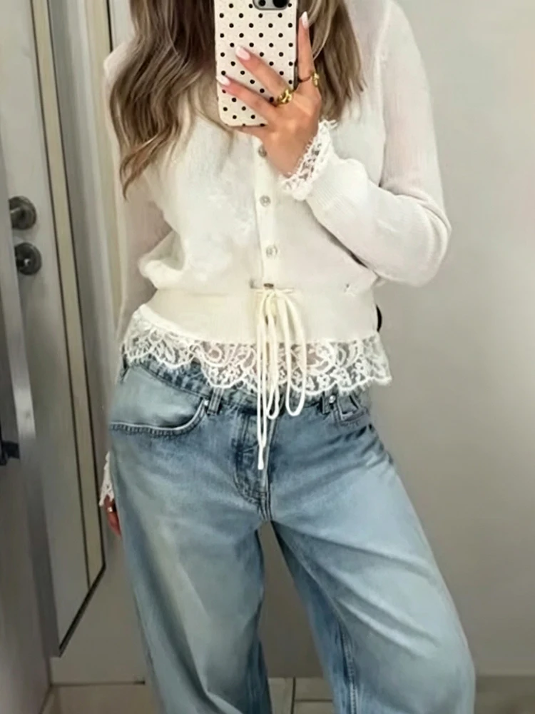 Retro Women Lace Spliced Knit Cardigan Drawstring Waist Cinch Design Button‑front Long Sleeve Soft Knitwear Casual Office Blouse