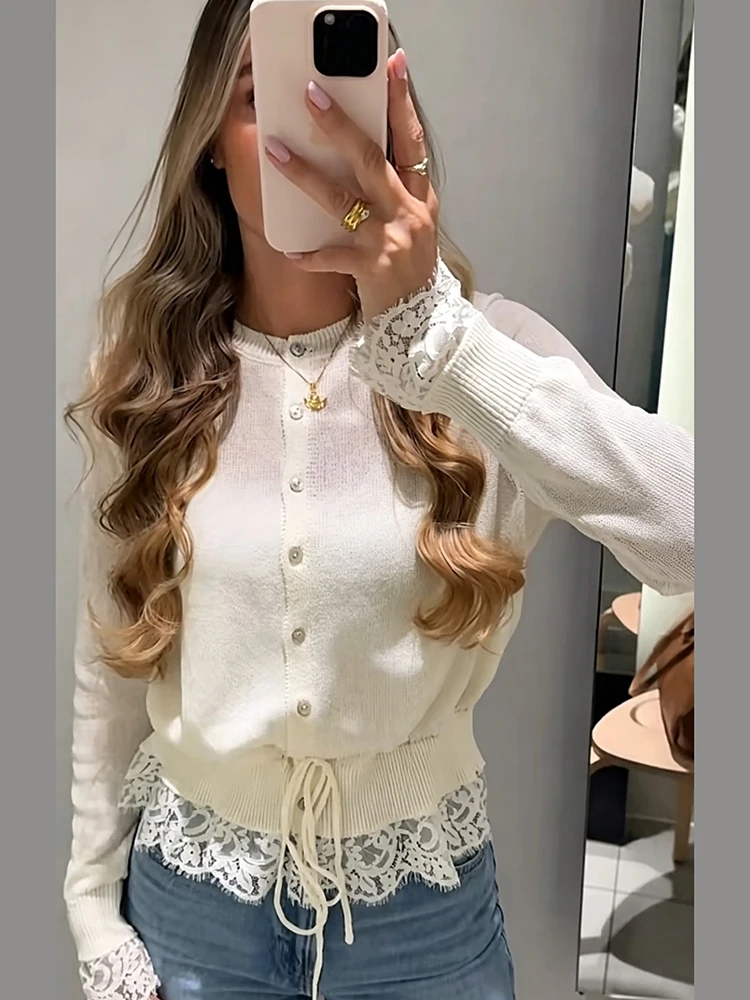 Retro Women Lace Spliced Knit Cardigan Drawstring Waist Cinch Design Button‑front Long Sleeve Soft Knitwear Casual Office Blouse