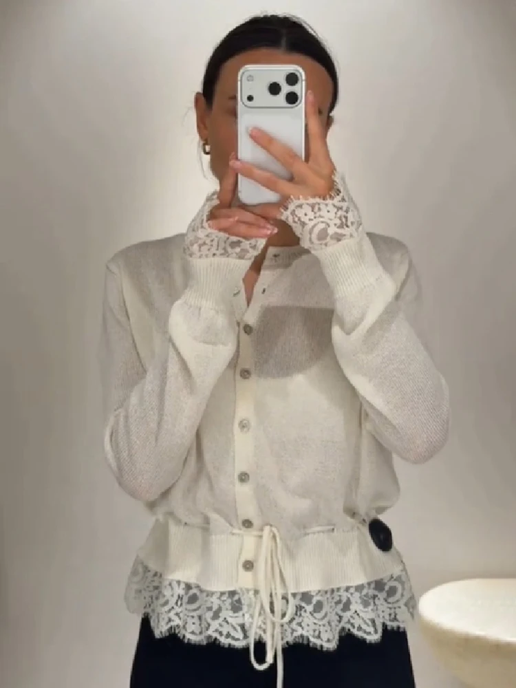 Retro Women Lace Spliced Knit Cardigan Drawstring Waist Cinch Design Button‑front Long Sleeve Soft Knitwear Casual Office Blouse