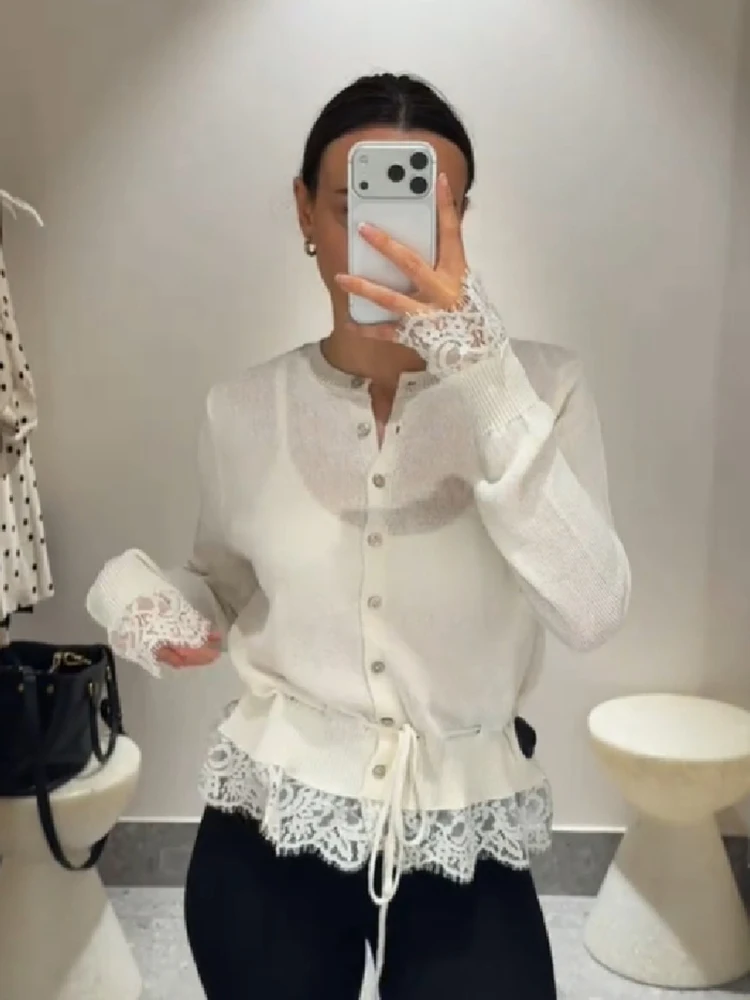 Retro Women Lace Spliced Knit Cardigan Drawstring Waist Cinch Design Button‑front Long Sleeve Soft Knitwear Casual Office Blouse