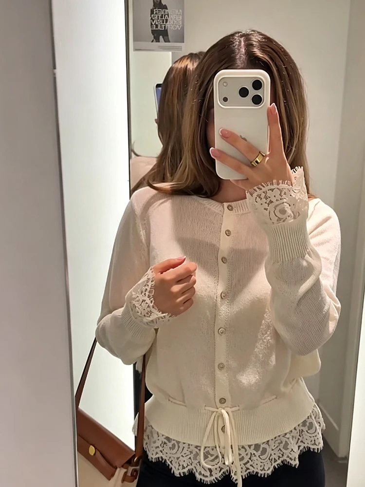 Retro Women Lace Spliced Knit Cardigan Drawstring Waist Cinch Design Button‑front Long Sleeve Soft Knitwear Casual Office Blouse