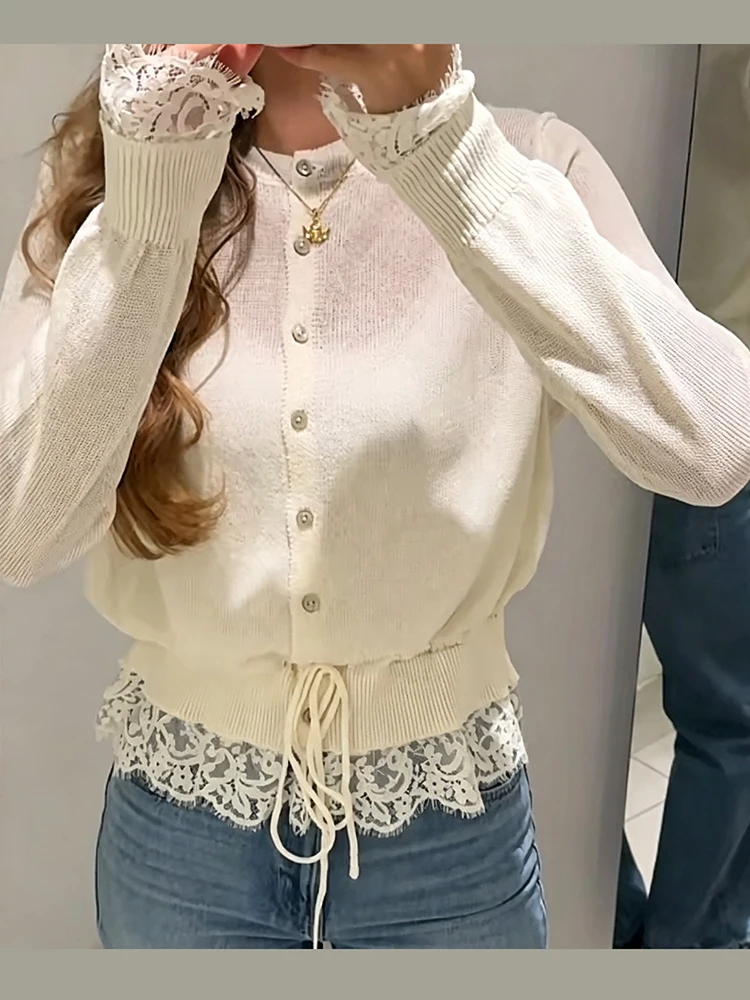 Retro Women Lace Spliced Knit Cardigan Drawstring Waist Cinch Design Button‑front Long Sleeve Soft Knitwear Casual Office Blouse