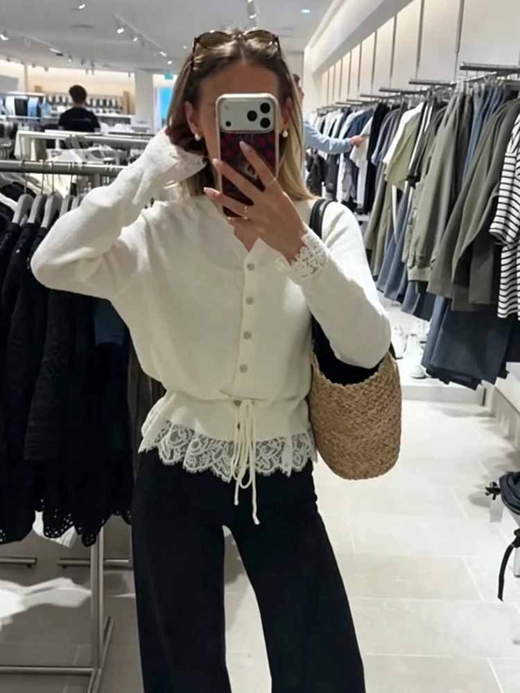 Retro Women Lace Spliced Knit Cardigan Drawstring Waist Cinch Design Button‑front Long Sleeve Soft Knitwear Casual Office Blouse