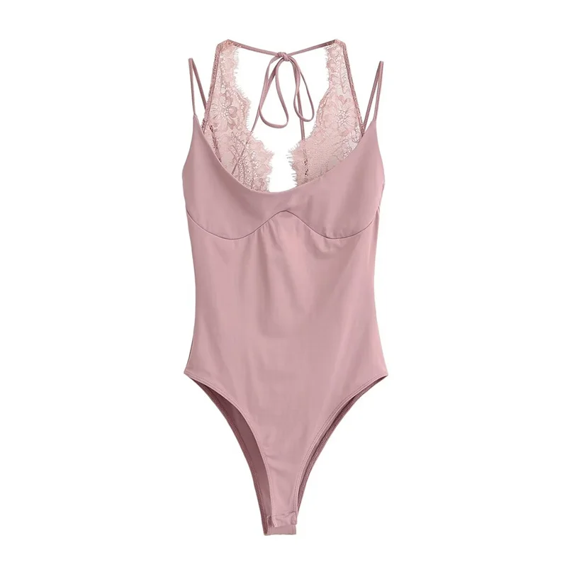 Women's Jumpsuit 2026 Spring New Solid Color Halter Neck Lace Splice Sexy Slim-Fit Romper Personalized Fashion