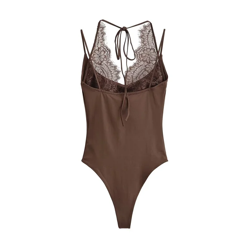 Women's Jumpsuit 2026 Spring New Solid Color Halter Neck Lace Splice Sexy Slim-Fit Romper Personalized Fashion