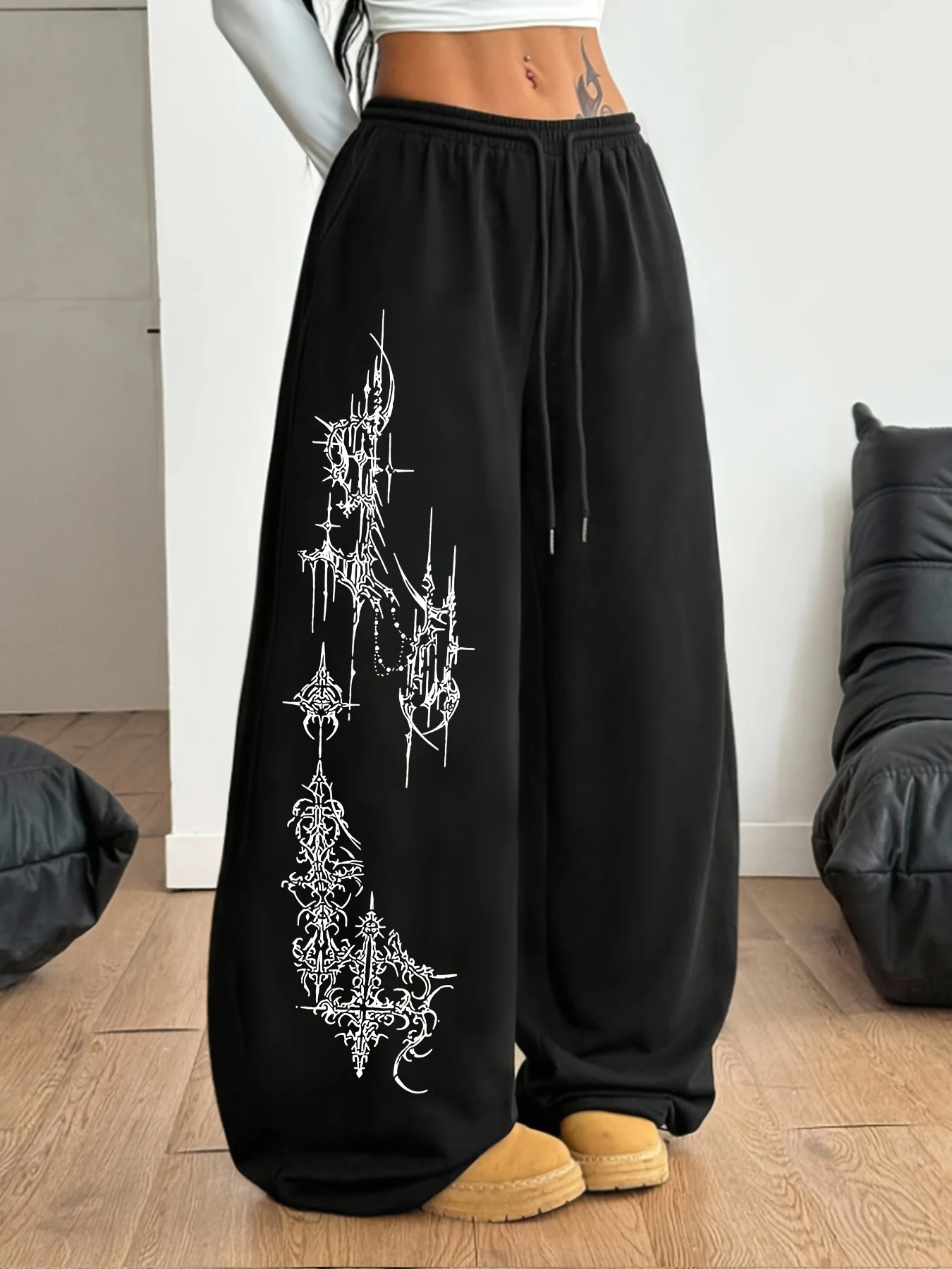 Women's Street Style Casual Sweatpants with Punk Style Patterns New Arrivals for Spring Fleece Loose Fit Streetwear Oversized
