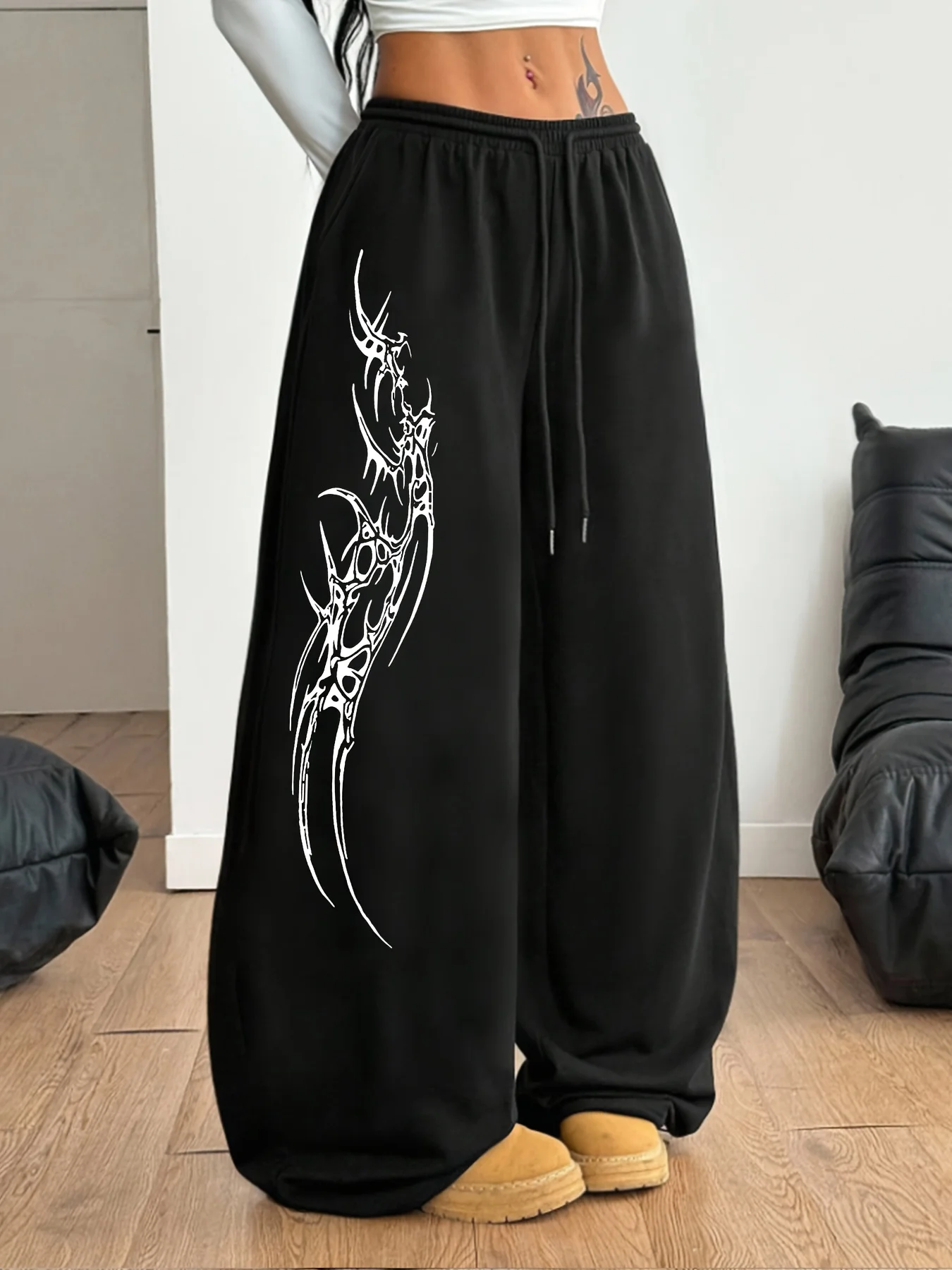 Women's Street Style Casual Sweatpants with Punk Style Patterns New Arrivals for Spring Fleece Loose Fit Streetwear Oversized