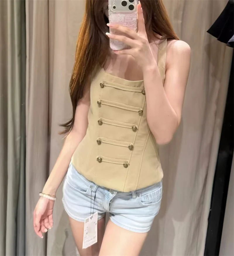 Guobioziy Women's Top 2026 Summer New Solid Color Camisole with Cuff Decoration Slim Fit Top Beach Vacation Sexy Fashion