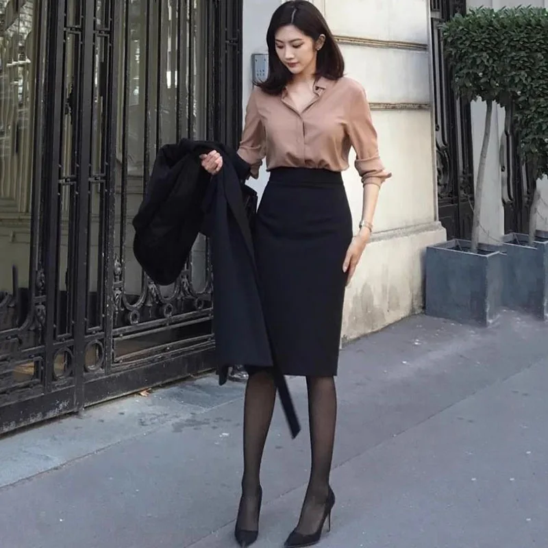 Elegant High Waisted Office Lady Pencil Skirt Korean Fashion Slim Fit Package Hip Midi Skirts Women Solid Color All-match Skirts