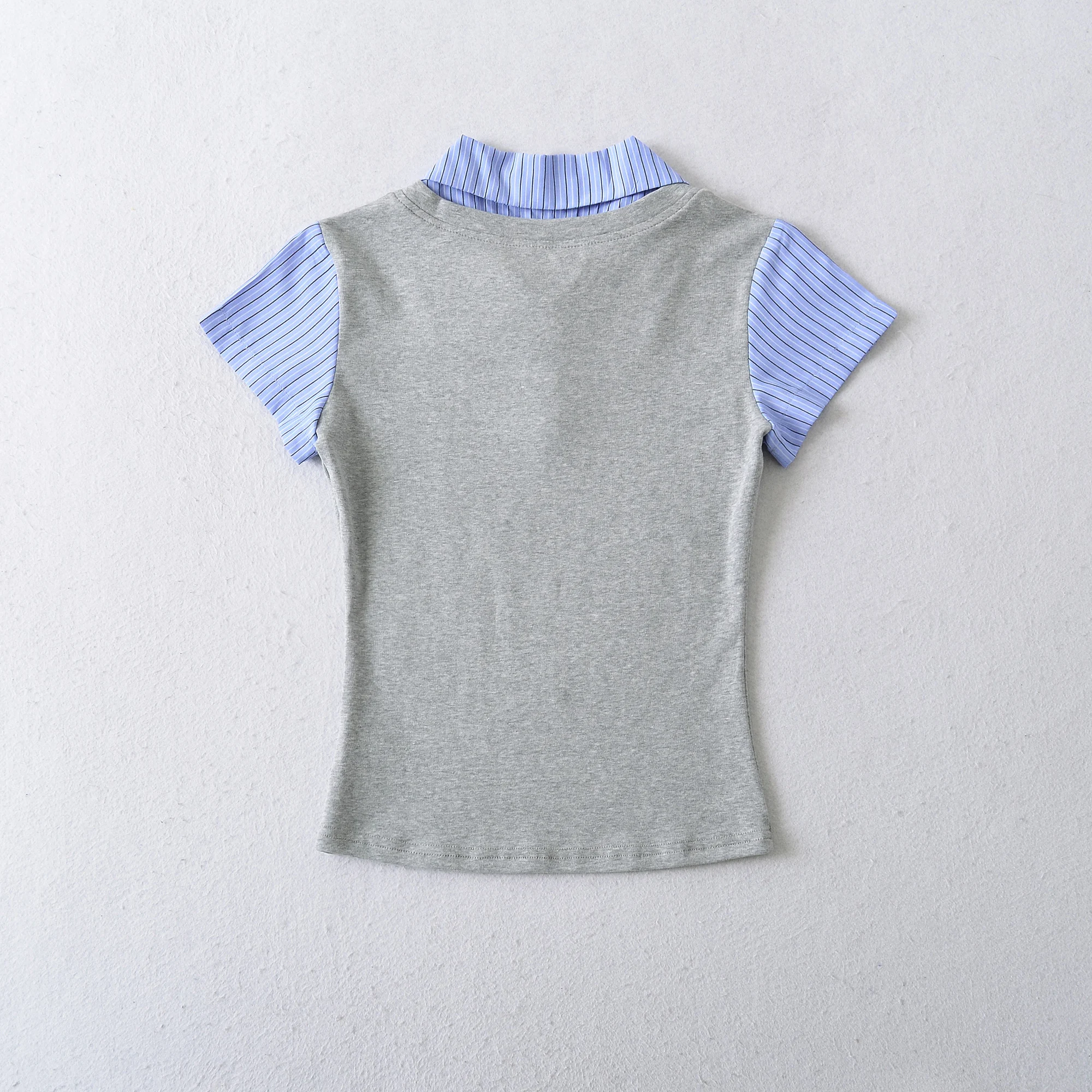 Preppy False 2 Pieces Lapel Striped Spliced Knitted Short Sleeve Tee Girl Slim Fit T-shirt Patchwork Pullover Crop Top