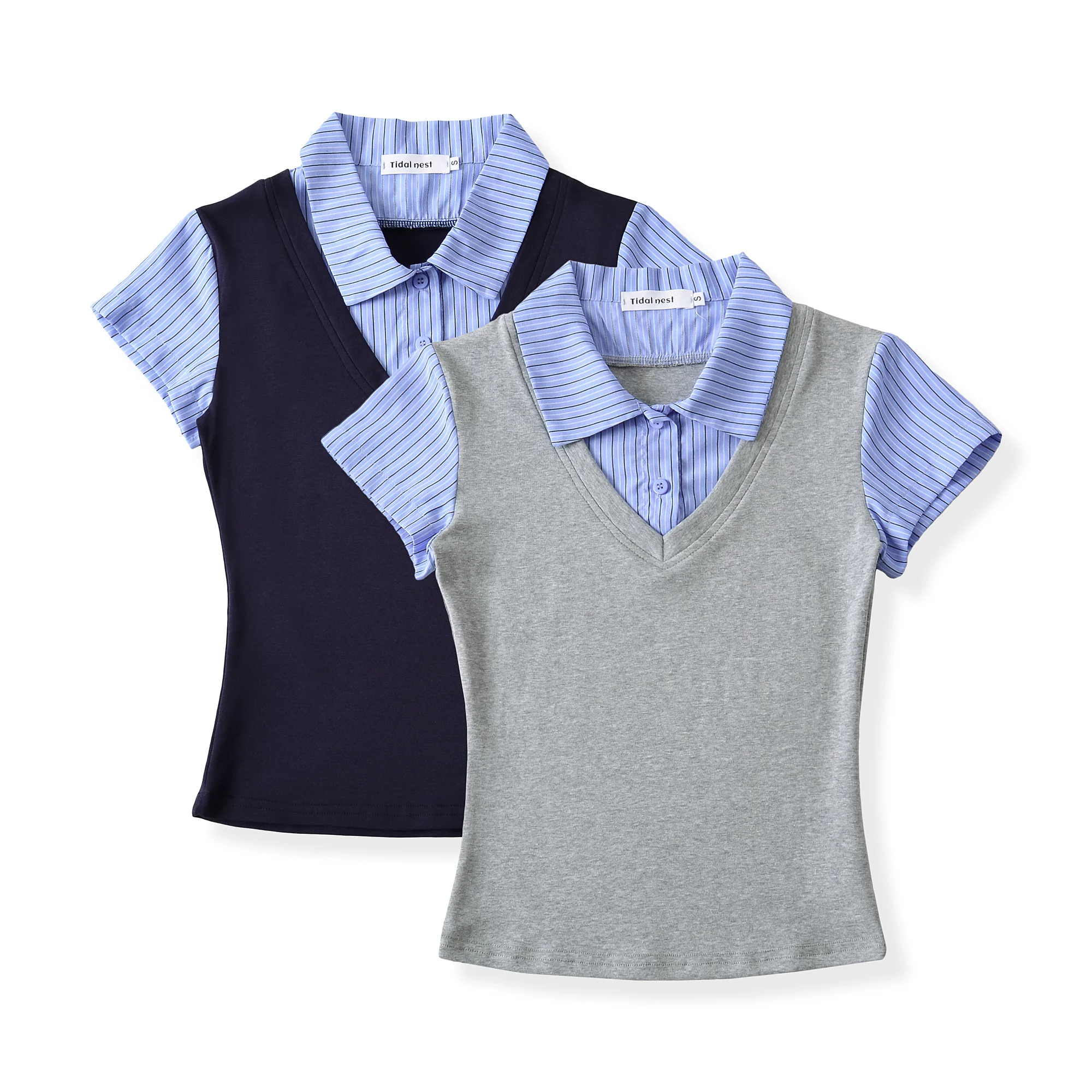 Preppy False 2 Pieces Lapel Striped Spliced Knitted Short Sleeve Tee Girl Slim Fit T-shirt Patchwork Pullover Crop Top
