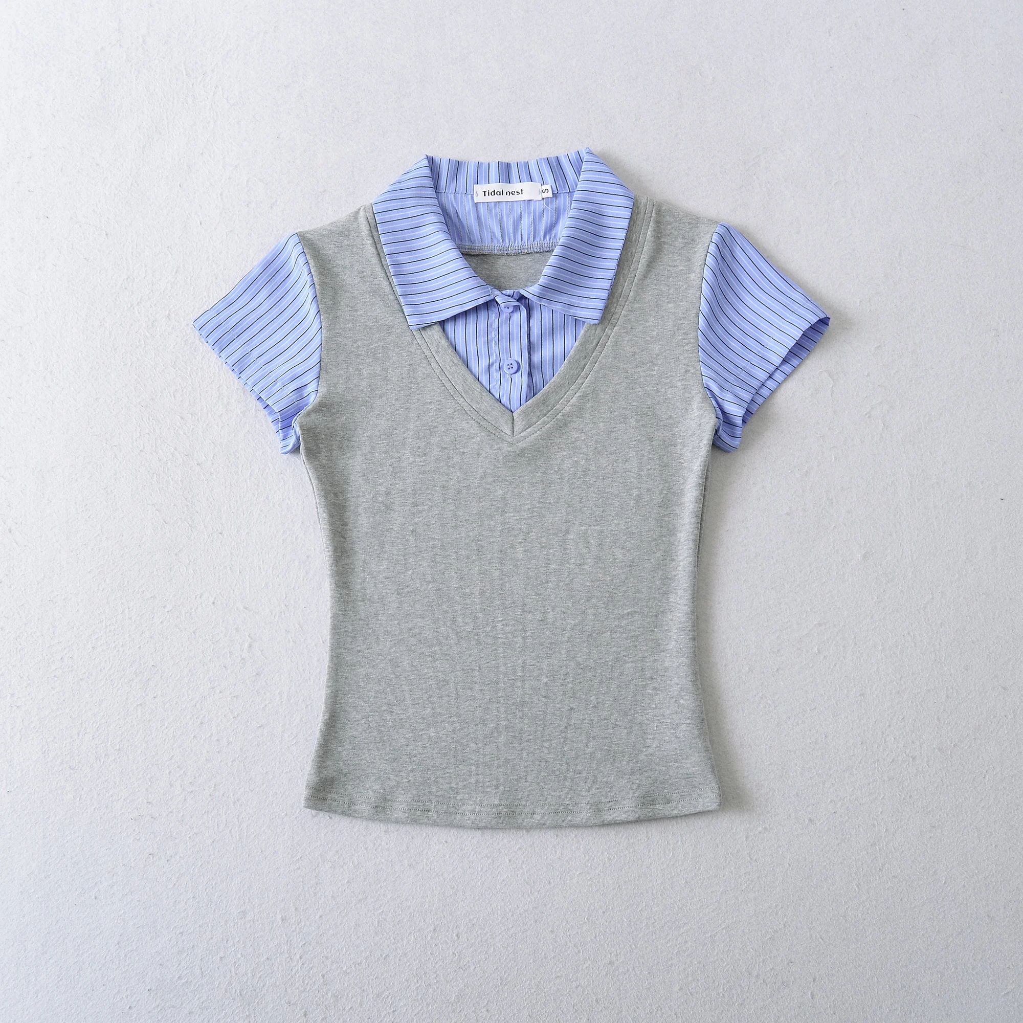 Preppy False 2 Pieces Lapel Striped Spliced Knitted Short Sleeve Tee Girl Slim Fit T-shirt Patchwork Pullover Crop Top