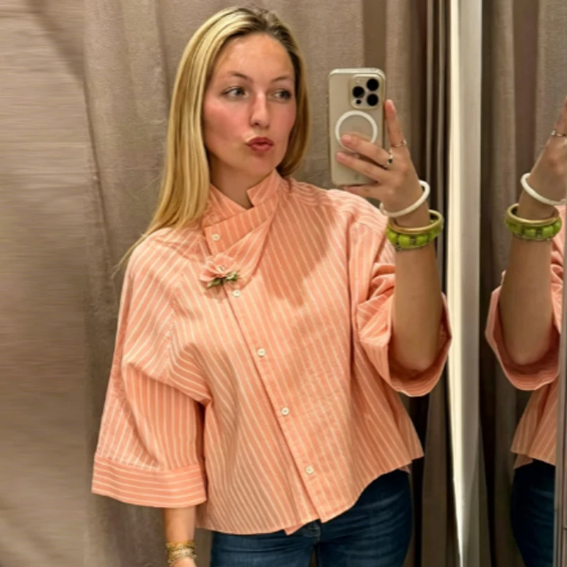 HXAO Striped Loose Shirt Women's Shirt Summer 2026 Elegant Asymmetric Button Mid Sleeve Tops For Woman Casual High Street Blouse