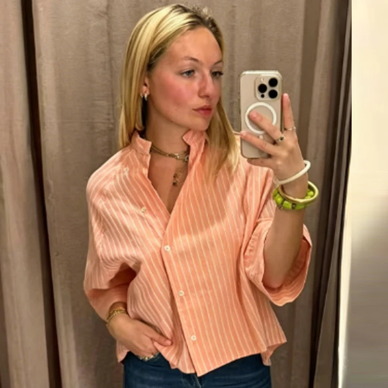 HXAO Striped Loose Shirt Women's Shirt Summer 2026 Elegant Asymmetric Button Mid Sleeve Tops For Woman Casual High Street Blouse