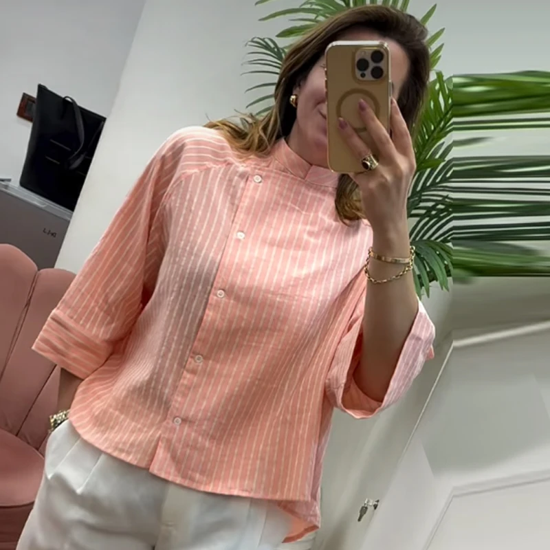 HXAO Striped Loose Shirt Women's Shirt Summer 2026 Elegant Asymmetric Button Mid Sleeve Tops For Woman Casual High Street Blouse