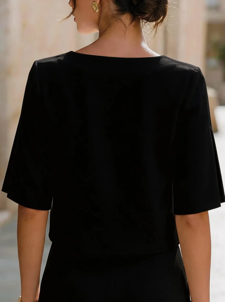 Women's Short Sleeve Split Sleeve Blouse Round Neck Top Elegant Office Wear Casual Summer Fashion Shirt