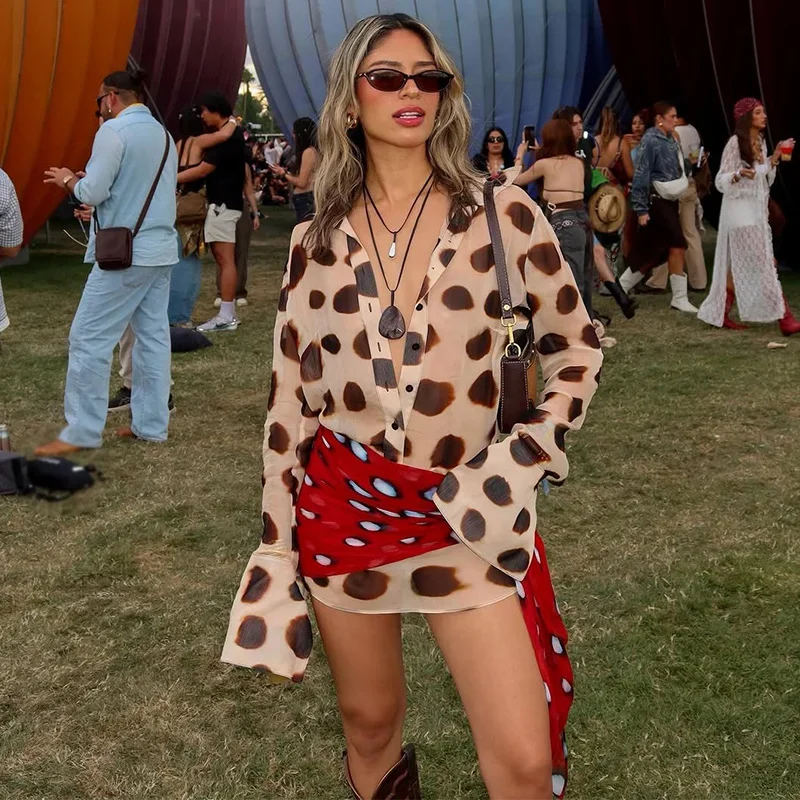 Leopard Printed Women's Short Dress Scarf Outfits Lapel Long Sleeve Button Dresses 2 Pieces 2026 Summer Holiday Beach Vestidos