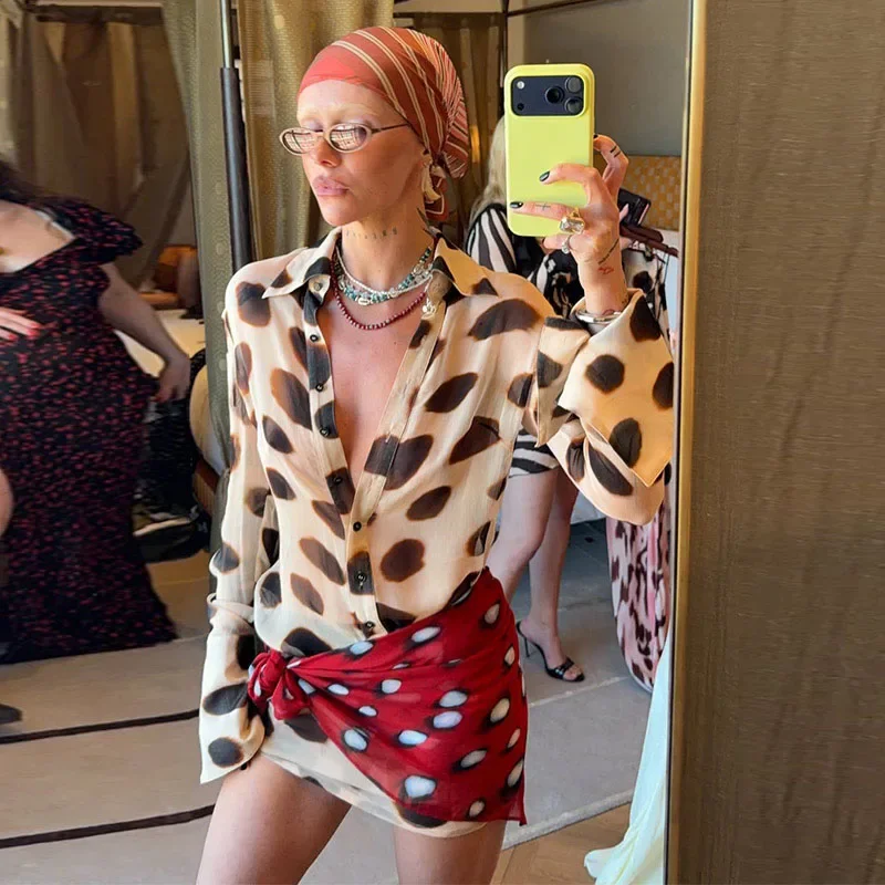 Leopard Printed Women's Short Dress Scarf Outfits Lapel Long Sleeve Button Dresses 2 Pieces 2026 Summer Holiday Beach Vestidos