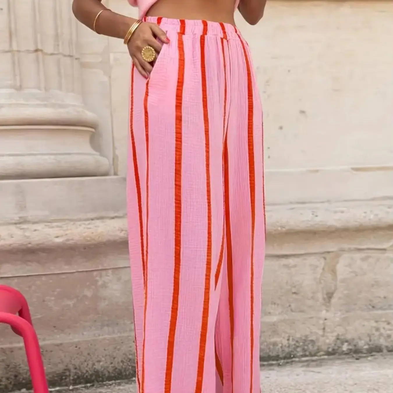 Women's Vertical Stripe Wide-leg Pants, Elastic Waist Pleated Casual Trousers, Resort Style Loose Slimming Floor-length