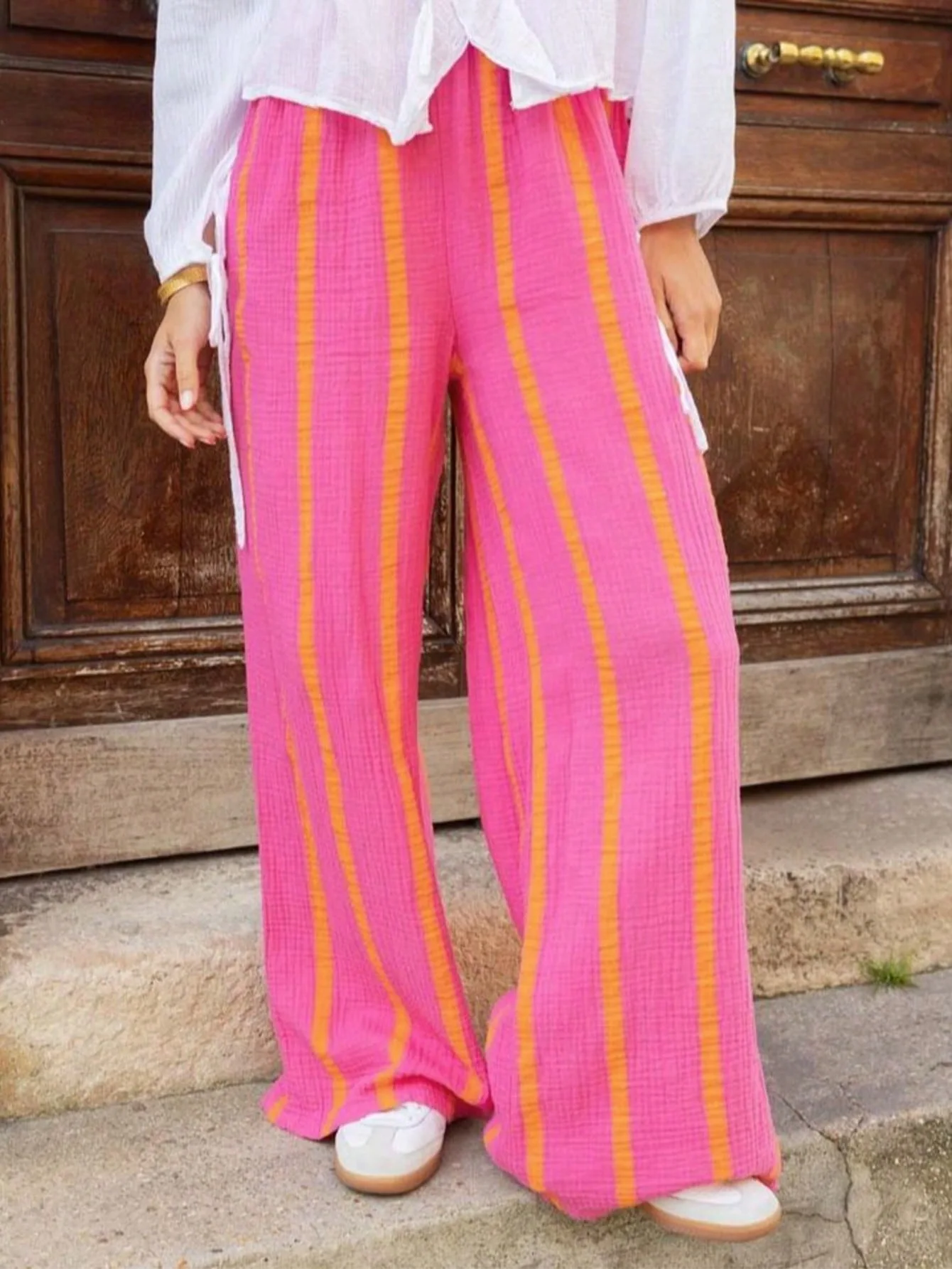Women's Vertical Stripe Wide-leg Pants, Elastic Waist Pleated Casual Trousers, Resort Style Loose Slimming Floor-length
