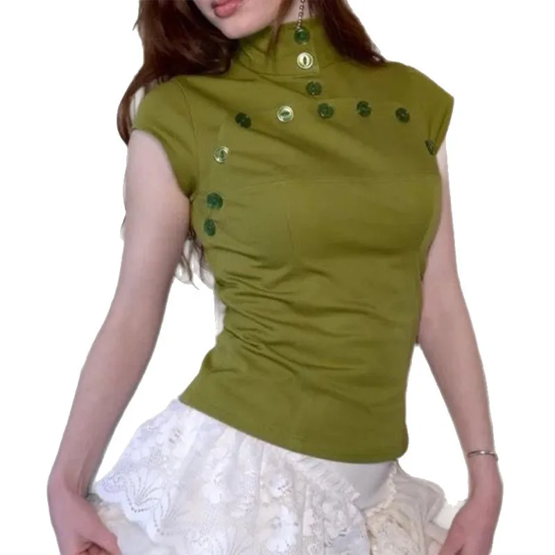 Y2K Vintage Aesthetics Women's Blouse Sexy Slim Fit Chic Button Design High-Neck Short-Sleeve T-Shirt Fashion Female Streetwear