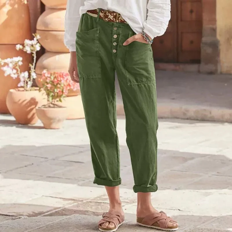 Women's Trousers Loose Solid Color Cotton Linen Button Pocket Breathable Basic Street Fashion Casual Pants