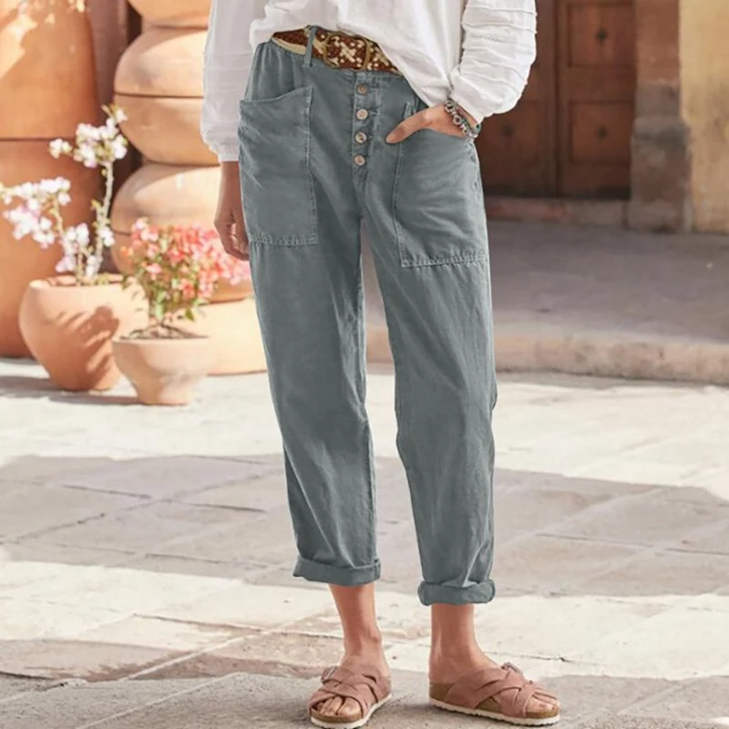 Women's Trousers Loose Solid Color Cotton Linen Button Pocket Breathable Basic Street Fashion Casual Pants