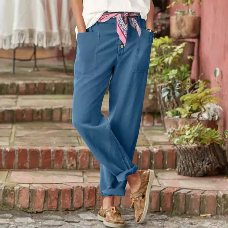 Women's Trousers Loose Solid Color Cotton Linen Button Pocket Breathable Basic Street Fashion Casual Pants