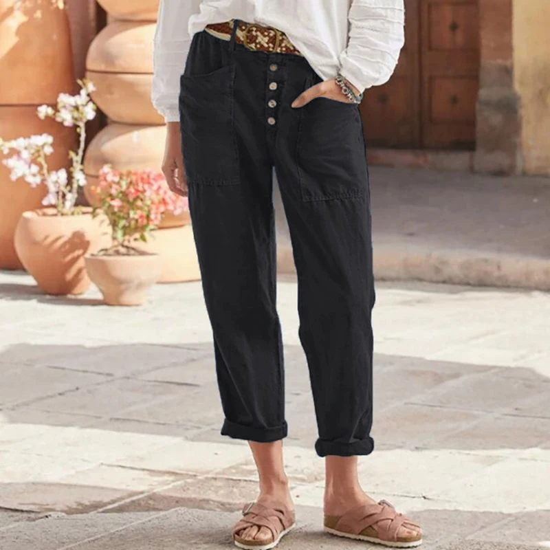 Women's Trousers Loose Solid Color Cotton Linen Button Pocket Breathable Basic Street Fashion Casual Pants