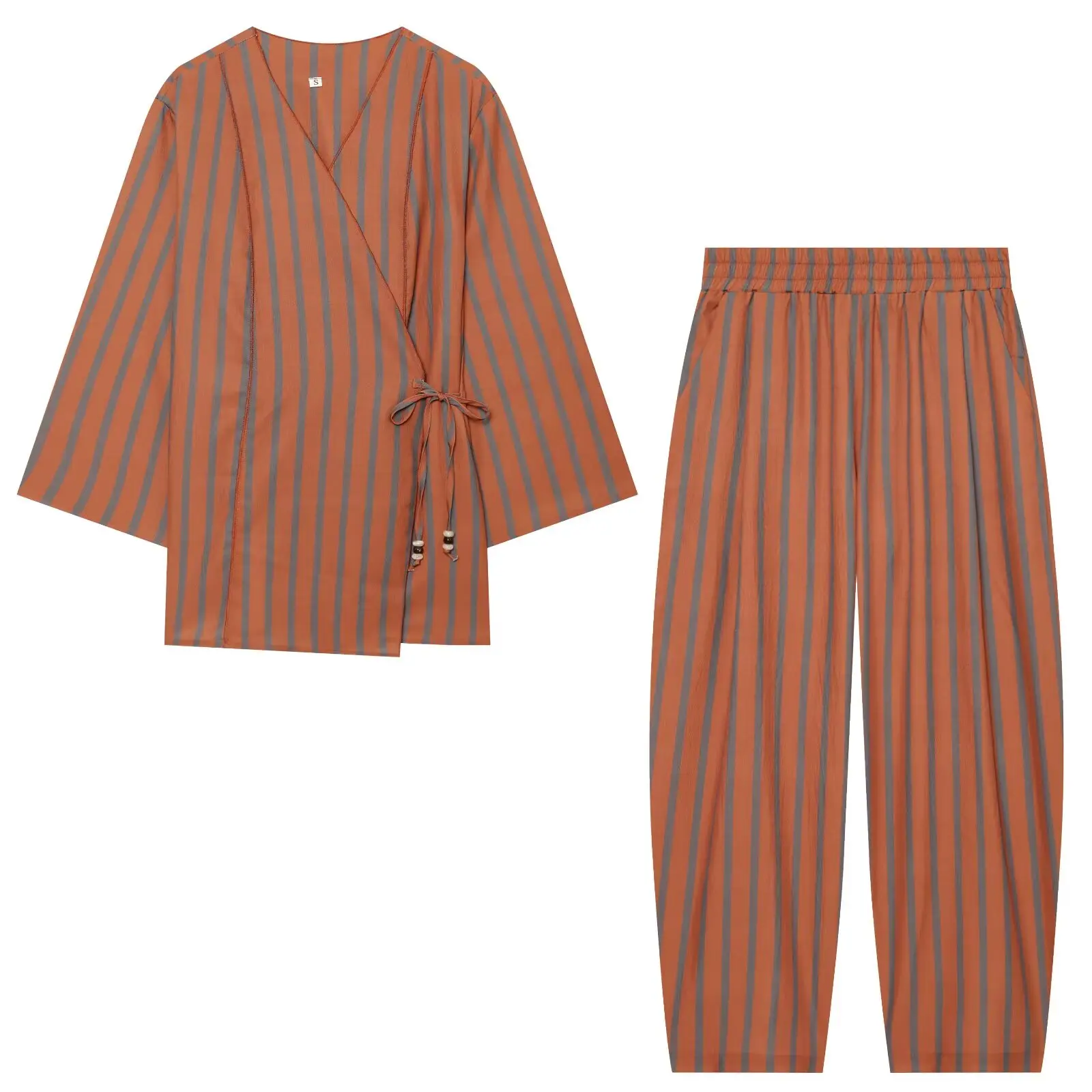 BSAY New Fashion Women Striped Matching Set V Neck Wrap Side Tie Three Quarter Sleeve Top Elastic Waist Harem Pants Daily Outfit