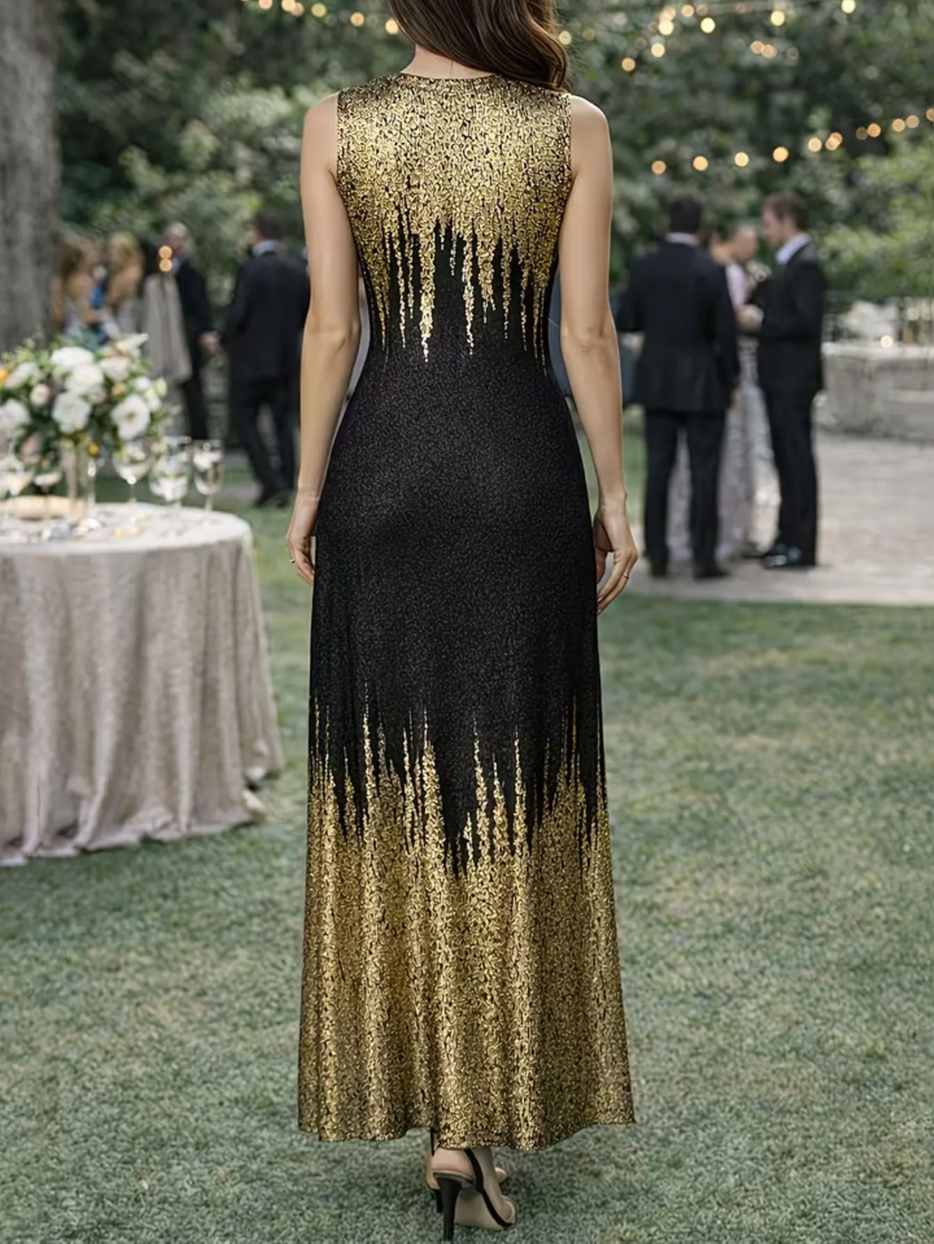 Womens Elegant Round Neck Sleeveless Wedding Evening Party Floor Length Black Gold Mermaid Hem Sequin Formal Dress