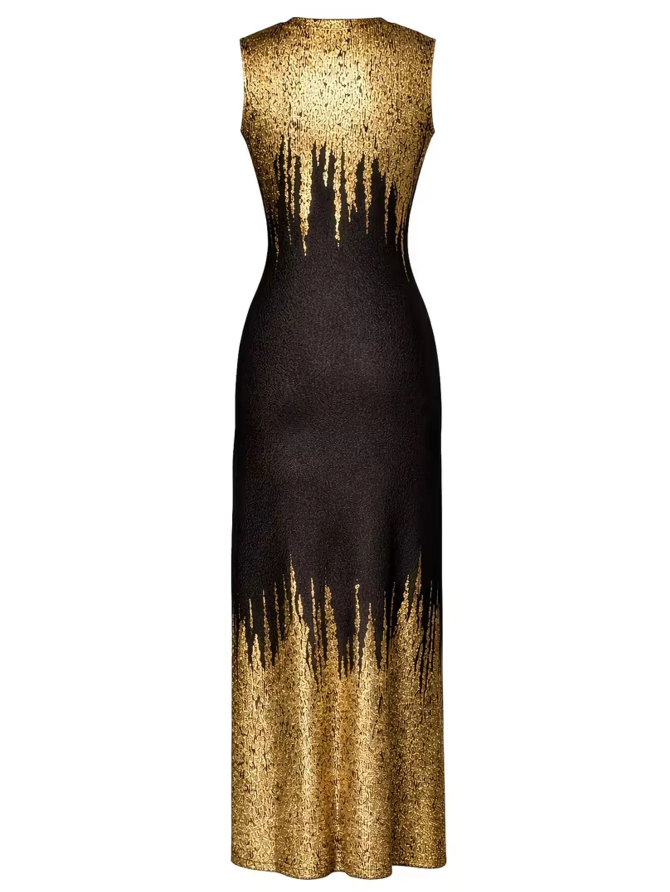 Womens Elegant Round Neck Sleeveless Wedding Evening Party Floor Length Black Gold Mermaid Hem Sequin Formal Dress