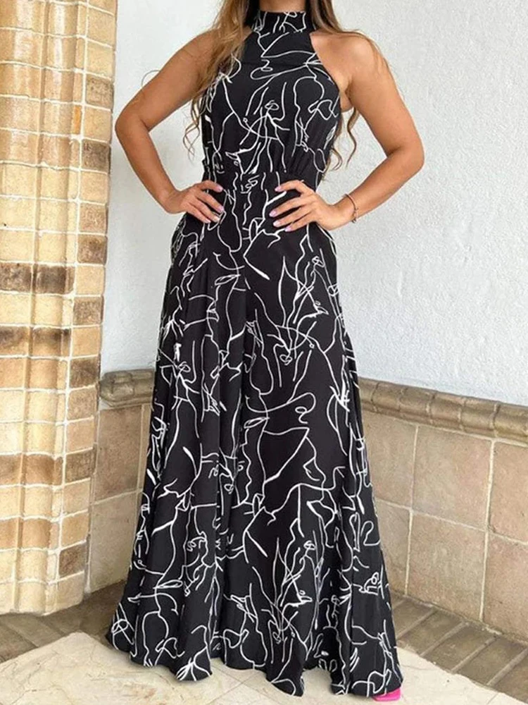 Summer Women's Elegant Waist Halter Jumpsuit Tie Sleeveless Wide Leg Long Pant Bodycon Abstract Print Streetwear Romper Mujer