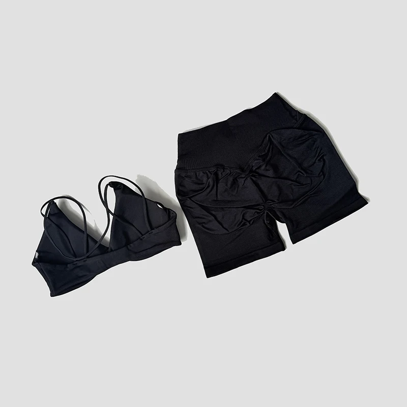 WAREBALL 2 Pcs Gym Set Women Vision Twist Front Bra V Neck Cross Waist Quick Dry Shorts Suit Pilates Workout Running Fitness Set