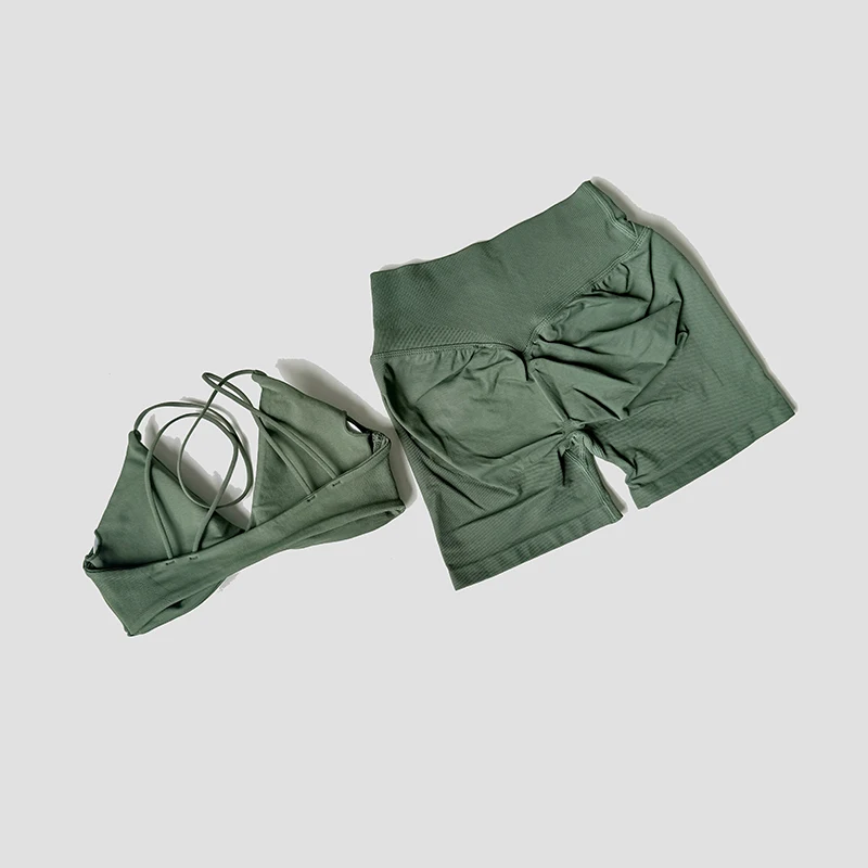 WAREBALL 2 Pcs Gym Set Women Vision Twist Front Bra V Neck Cross Waist Quick Dry Shorts Suit Pilates Workout Running Fitness Set