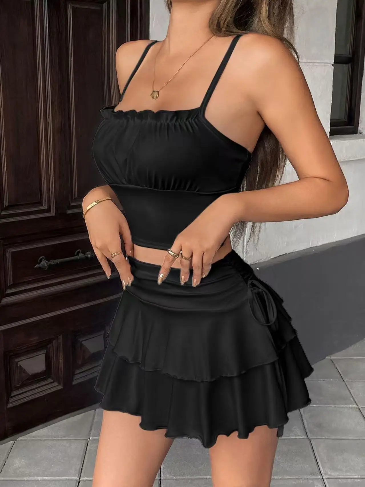 Drawstring And Fold Detail Solid Color Cake Skirt, Spring/Summer, Party Skirt, Beach Skirt, Summer Vacation Outfits