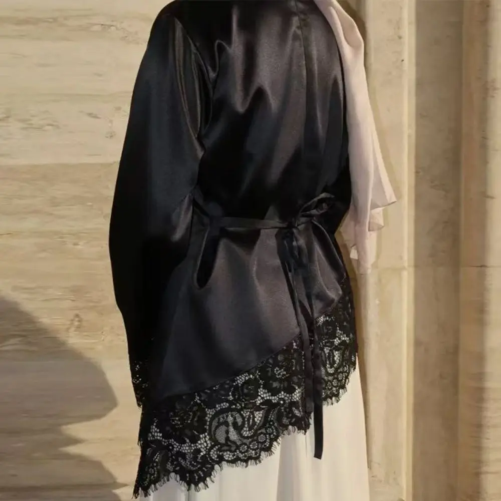New Belted Waist Lace Patchwork Top Asymmetrical Design Solid Color Long Sleeves Elegant Irregular Hemline Satin Blouse Women