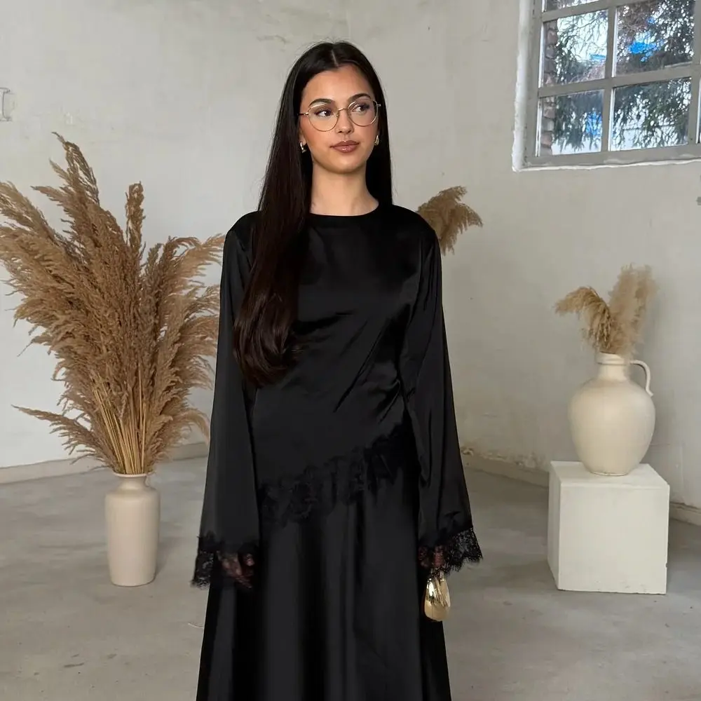 New Belted Waist Lace Patchwork Top Asymmetrical Design Solid Color Long Sleeves Elegant Irregular Hemline Satin Blouse Women