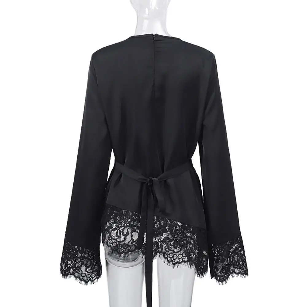 New Belted Waist Lace Patchwork Top Asymmetrical Design Solid Color Long Sleeves Elegant Irregular Hemline Satin Blouse Women