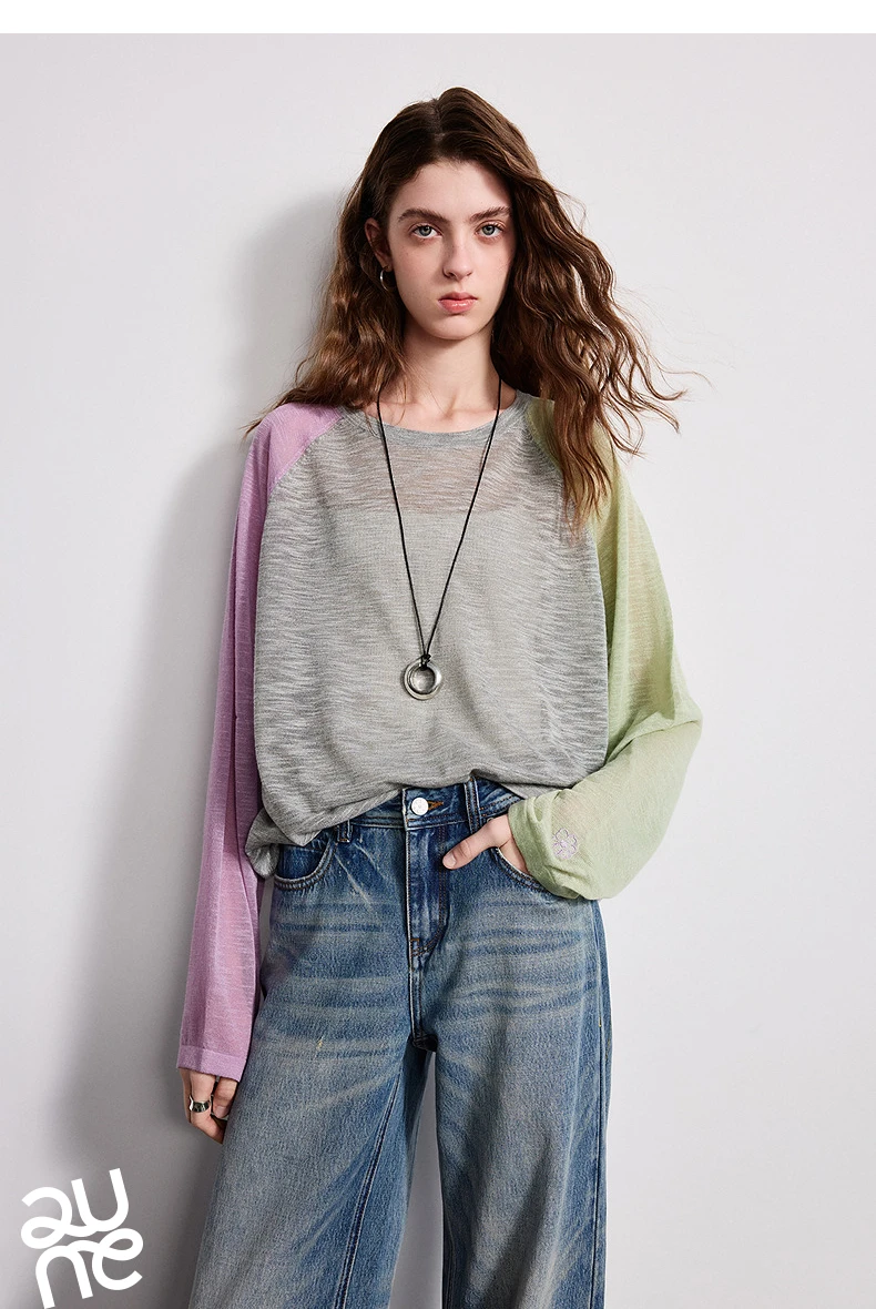 TOYOUTH Women Airy Slub Linen Knit Top 2026 Spring New Crew Neck Loose Asymmetric Color-Block Blouse