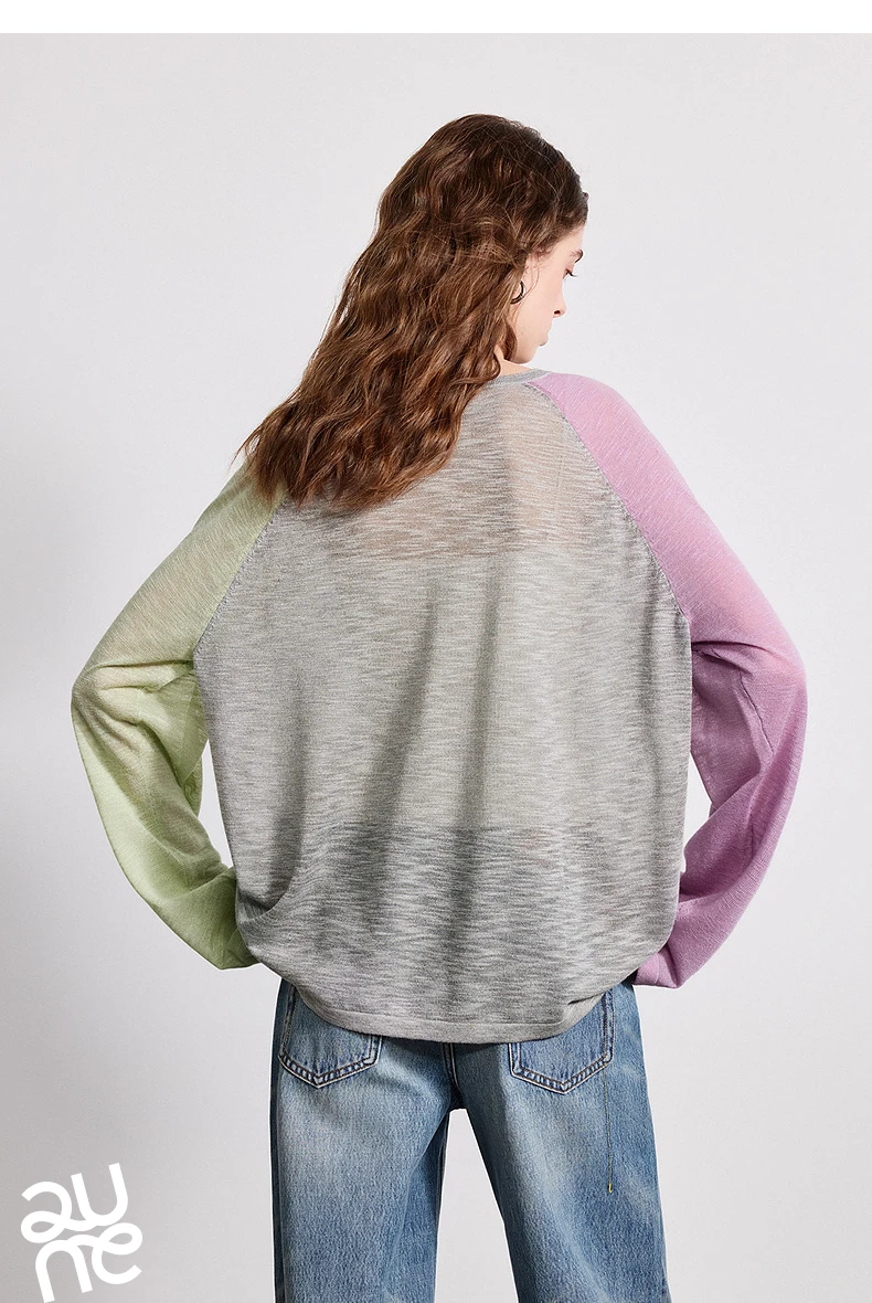 TOYOUTH Women Airy Slub Linen Knit Top 2026 Spring New Crew Neck Loose Asymmetric Color-Block Blouse