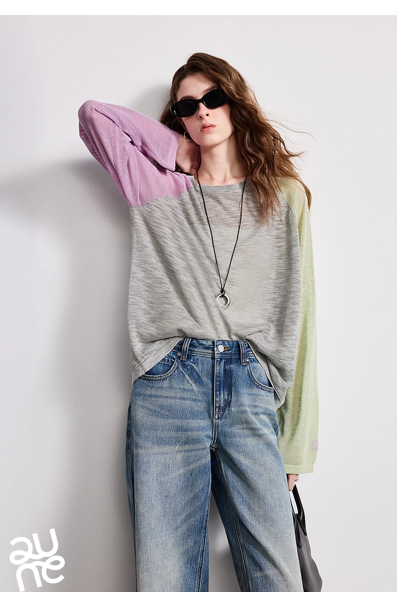TOYOUTH Women Airy Slub Linen Knit Top 2026 Spring New Crew Neck Loose Asymmetric Color-Block Blouse